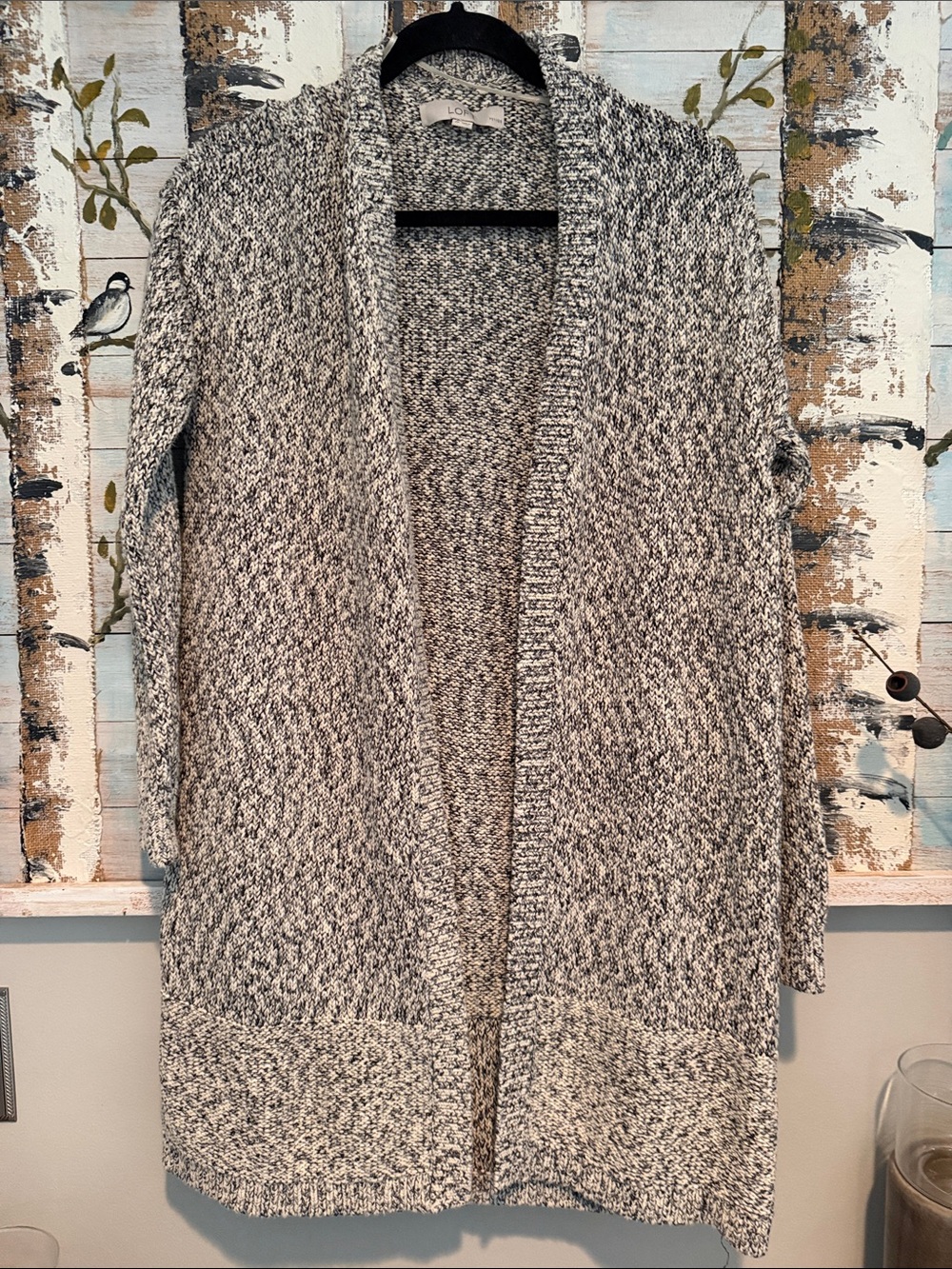 LOFT Marled Black and White Open-Front Cardigan